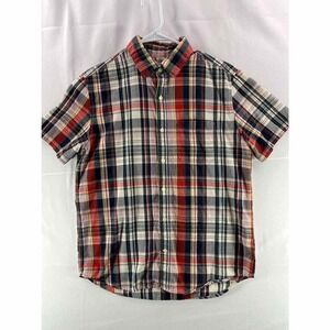 Gap Mens Button Down Shirt M Red Plaid Standard Fit Short Sleeve Collared Pocket